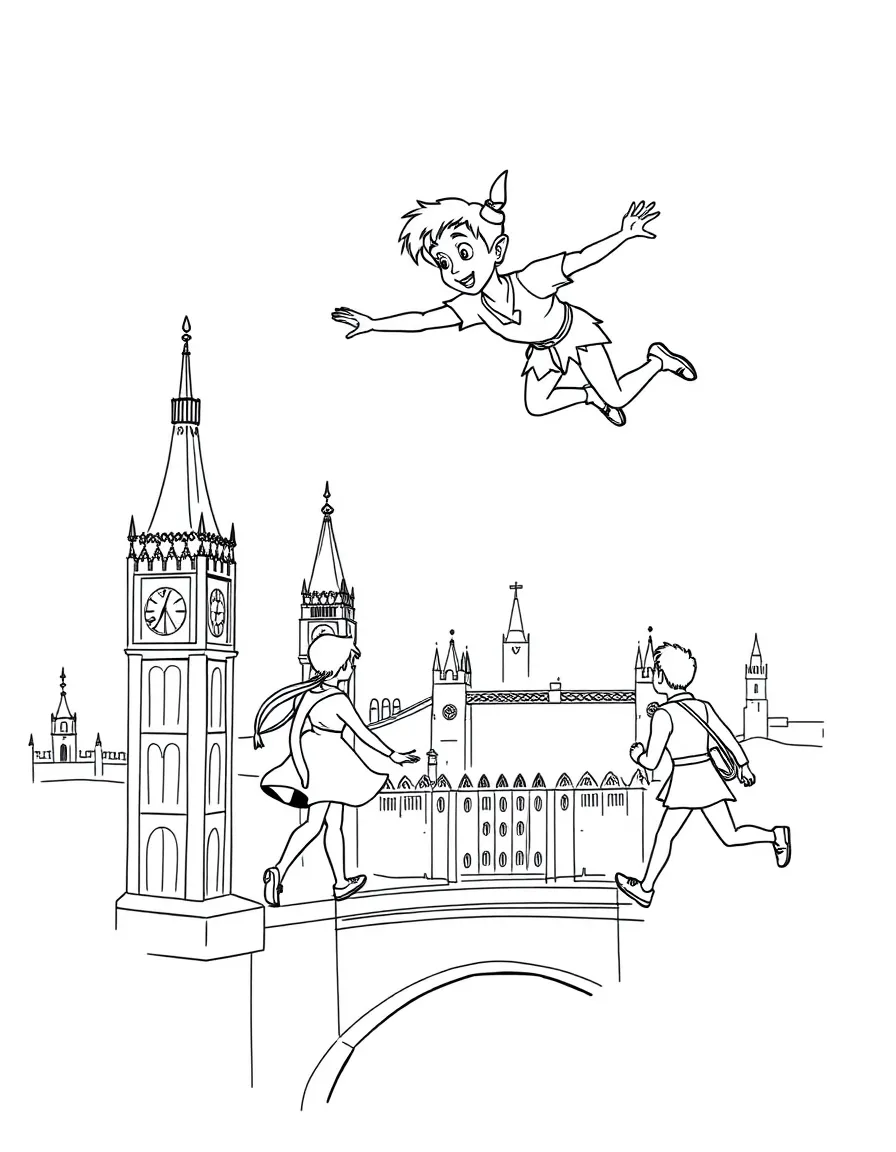 Peter Pan flying over London, with Wendy, John, and Michael following.