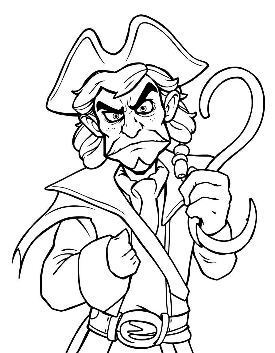 Captain Hook looking grumpy and holding his hook.