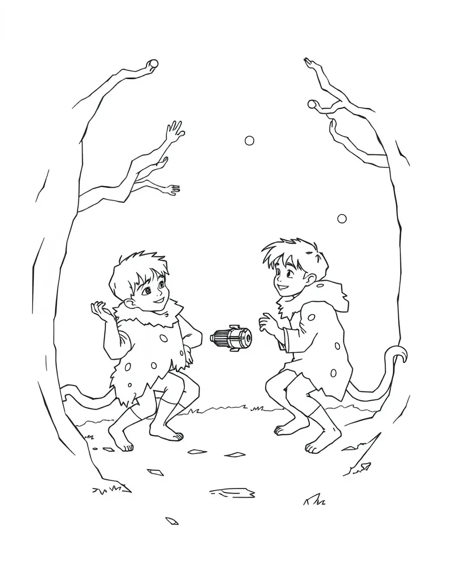 The Lost Boys playing in Neverland, wearing animal skins.