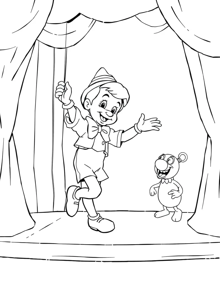 Pinocchio dancing on stage as a puppet, with Stromboli watching.