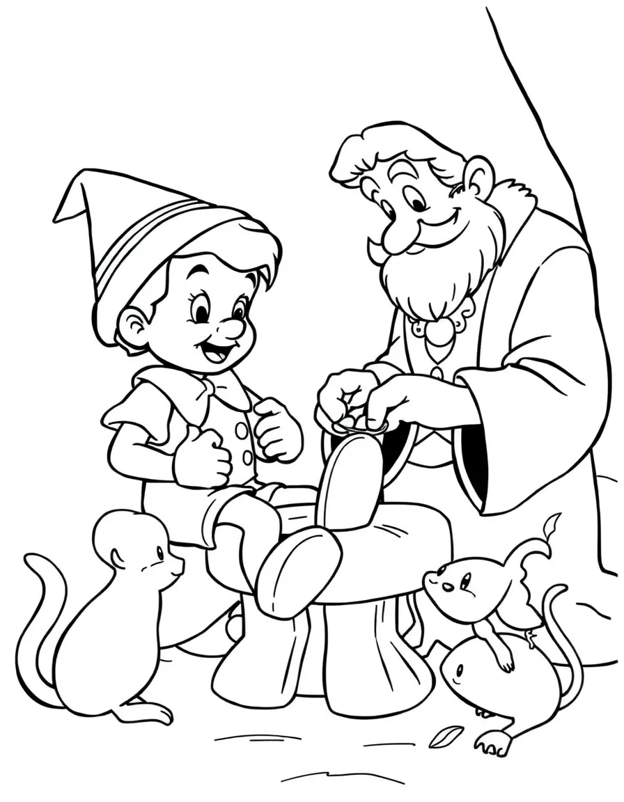 Geppetto carving Pinocchio, with Figaro the cat and Cleo the goldfish watching.