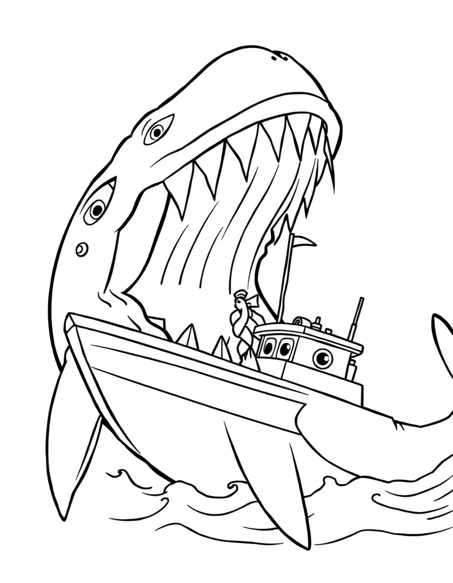 Monstro the whale with his mouth open, about to swallow a boat.