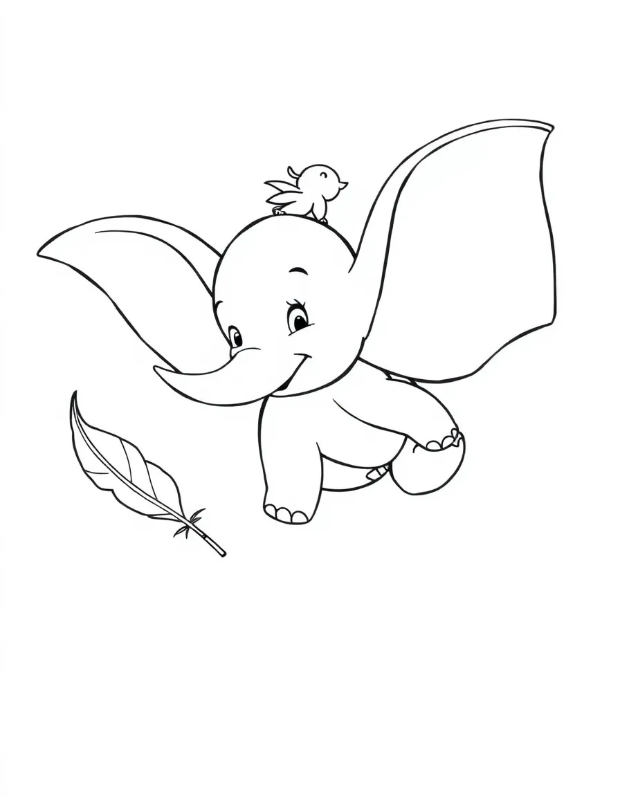 Dumbo flying with his giant ears, holding a feather.