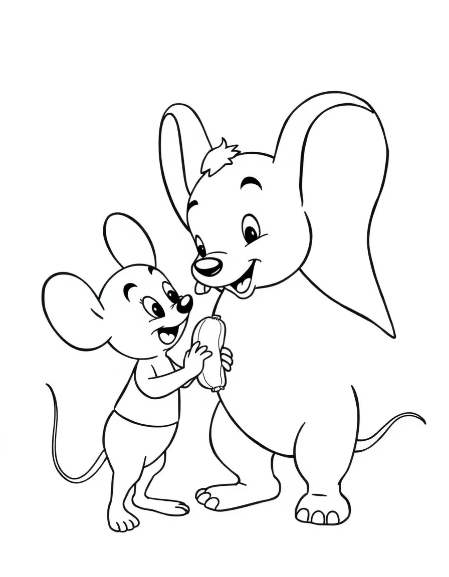 Timothy Q. Mouse encouraging Dumbo, with a peanut in his hand.