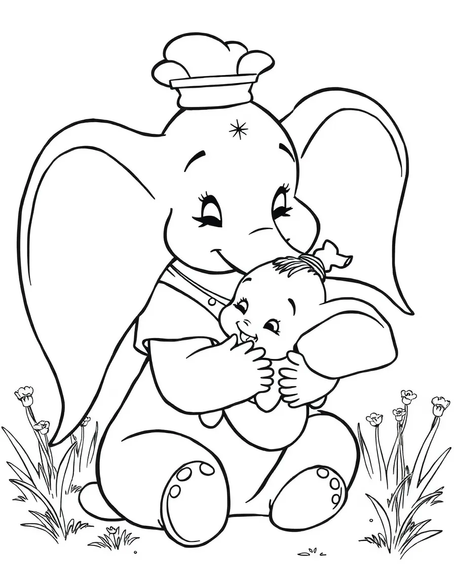 Mrs. Jumbo embracing baby Dumbo lovingly.