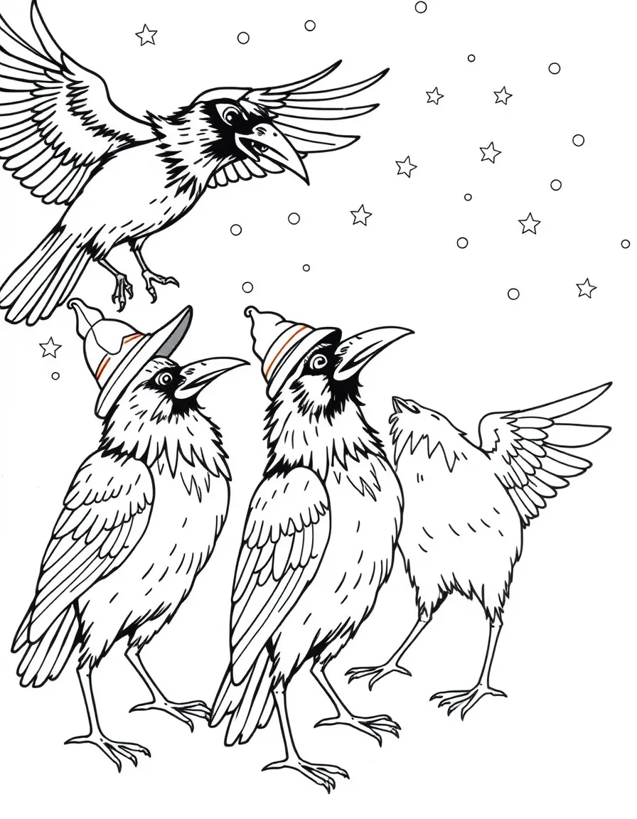 The Crows singing and dancing, wearing colorful hats.