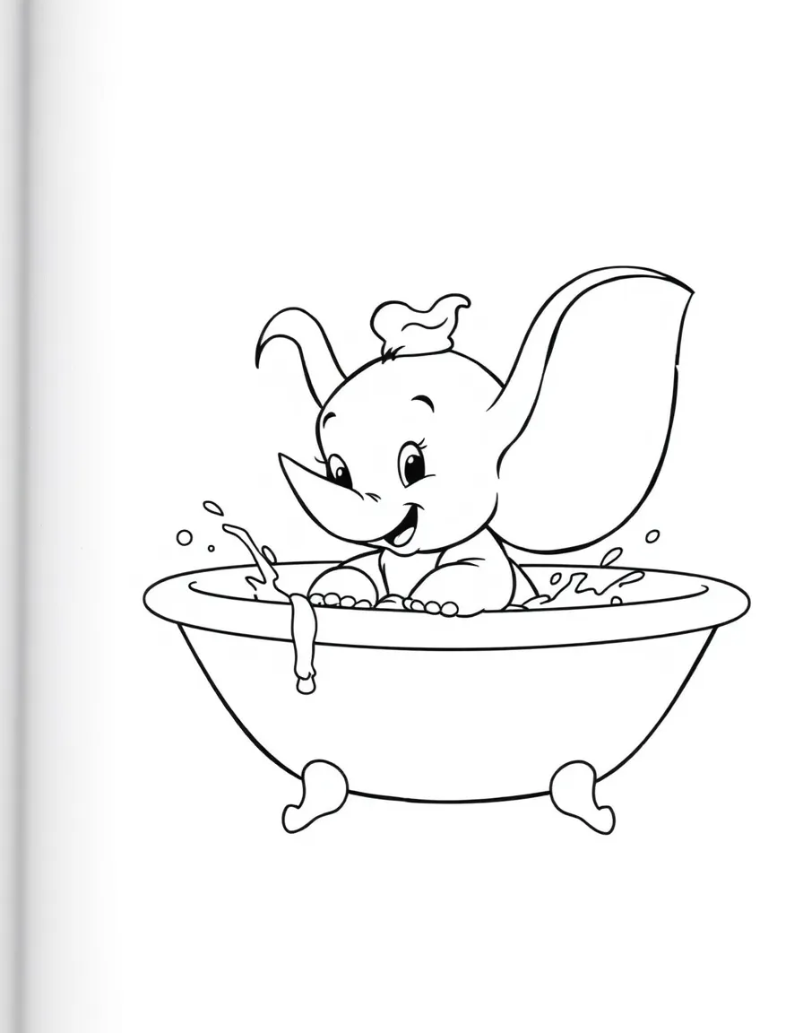 Dumbo splashing in a bathtub, looking happy.