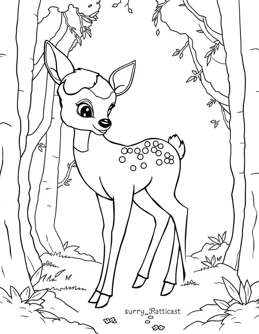 Bambi as a fawn, standing shyly in the forest.