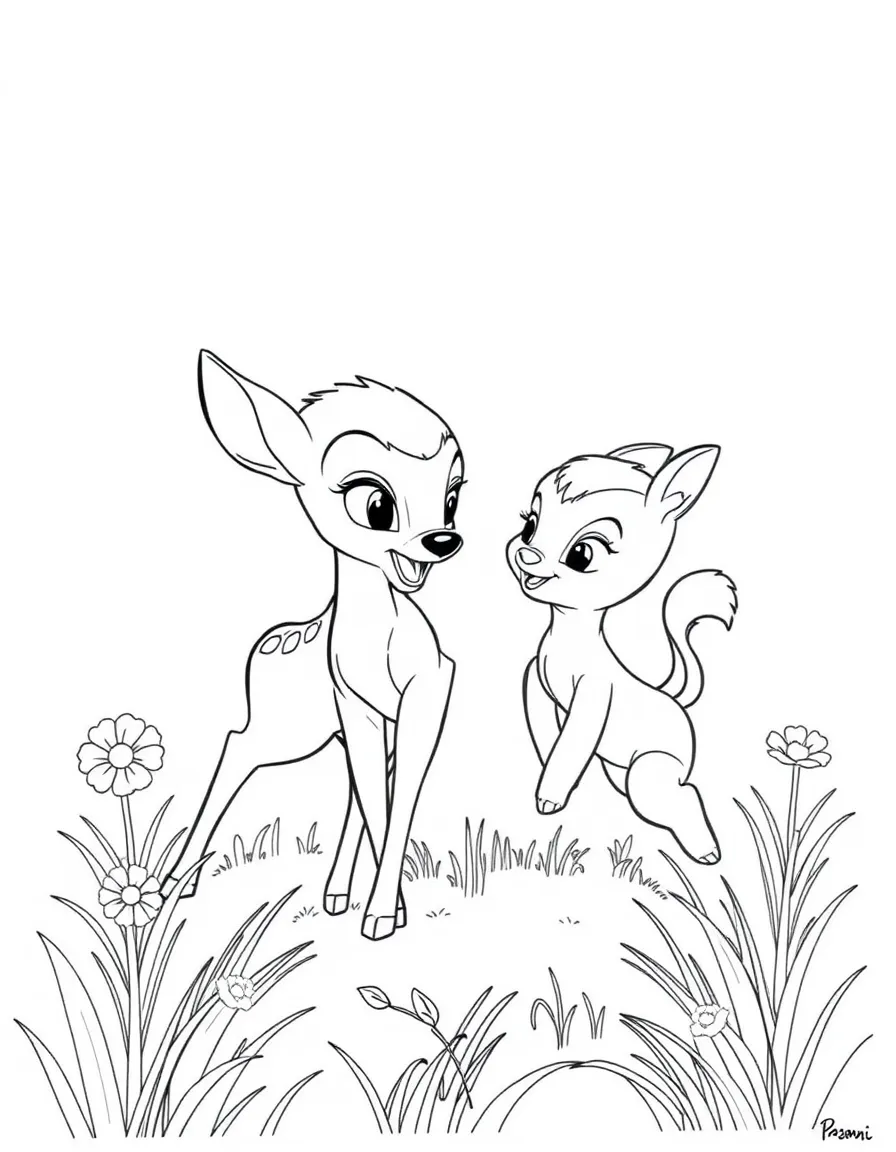 Bambi, Thumper, and Flower playing together in a meadow.