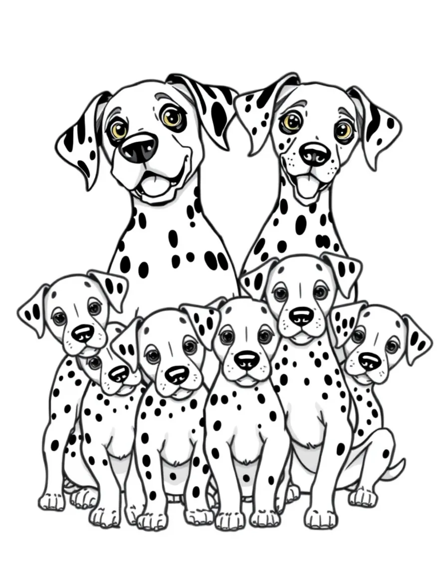 Pongo and Perdita looking proud of their many Dalmatian puppies.