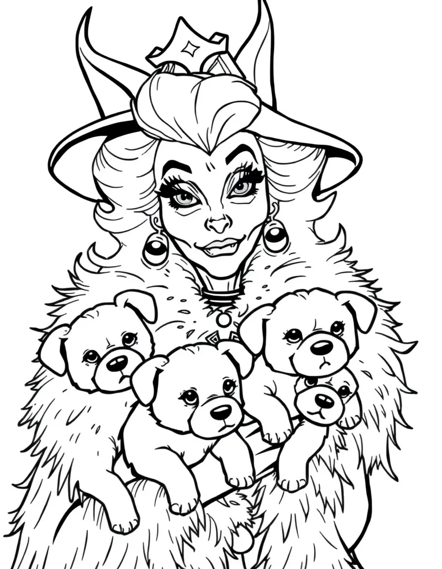 Cruella De Vil looking wicked and obsessed with puppies, with her fur coat.