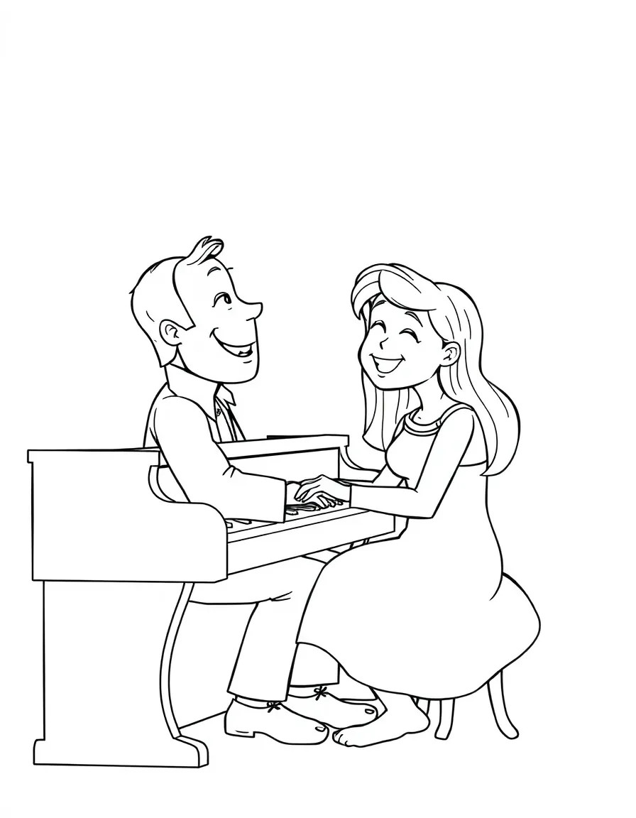Roger playing his piano and singing, with Anita smiling.