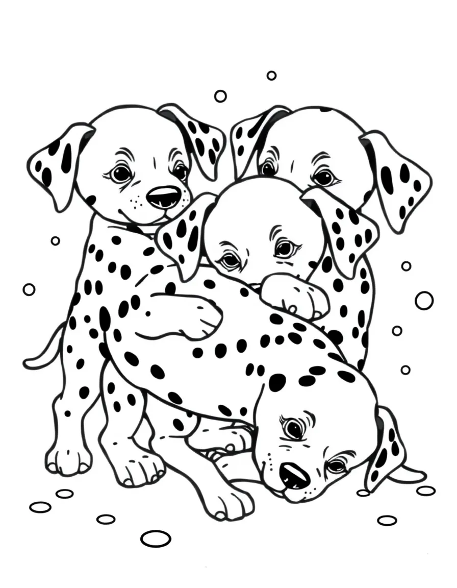 The Dalmatian puppies playing and tumbling around, with spots everywhere.