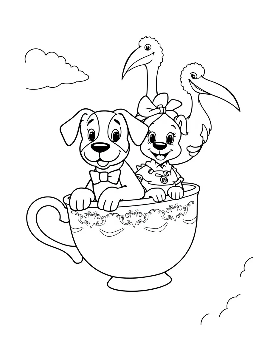 Bernard and Miss Bianca in a teacup, flying with Orville the albatross.