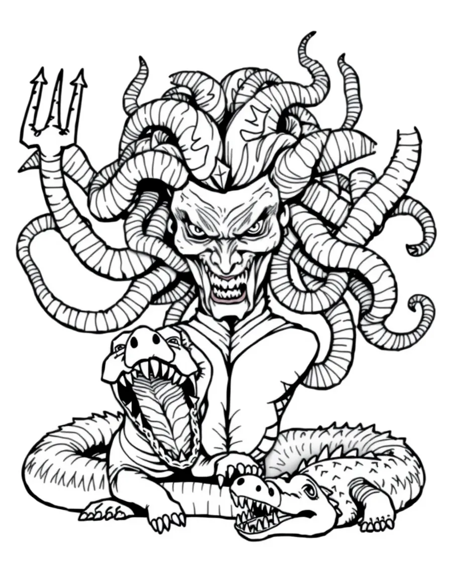 Madame Medusa looking cruel and greedy, with her pet crocodiles.
