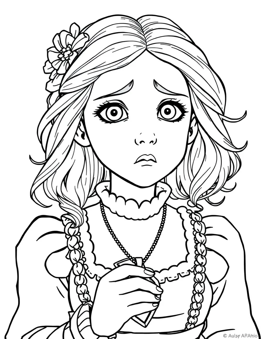 Olivia Flaversham looking sad but determined, holding a locket.