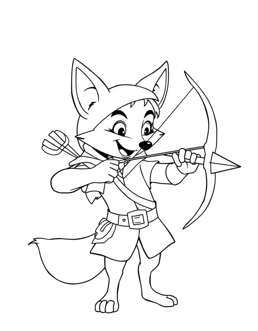 Robin Hood as a fox, shooting an arrow with a smile.