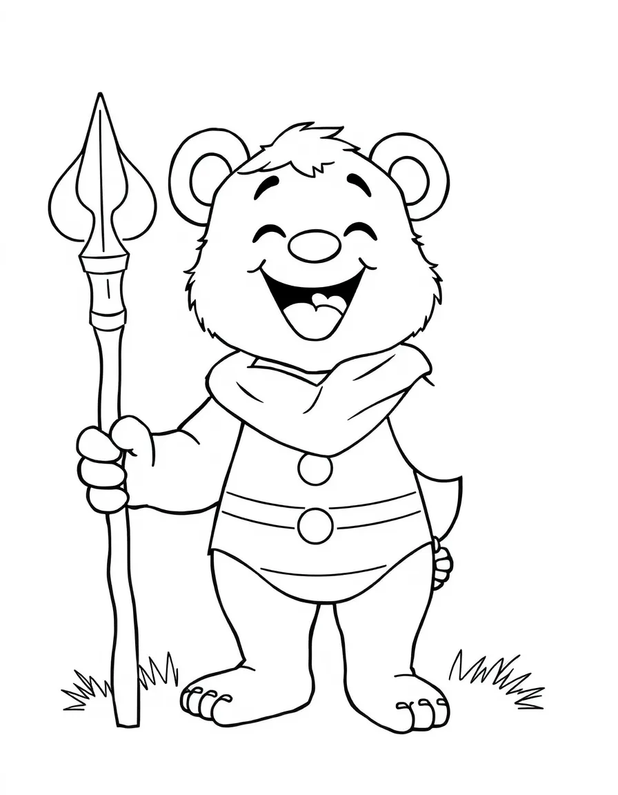 Little John as a bear, laughing and holding a staff.