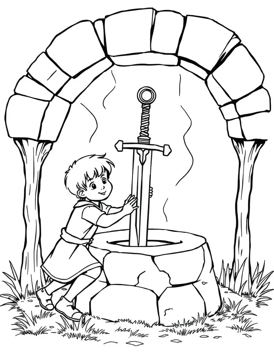 The Sword in the Stone, with young Arthur trying to pull it out.