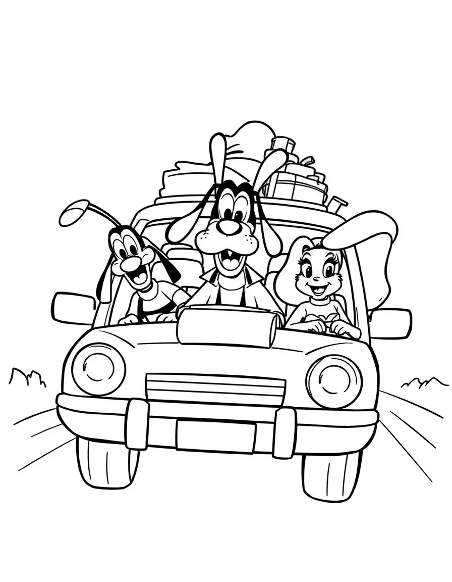 Goofy, Max, and Roxanne on a road trip, with the car packed.