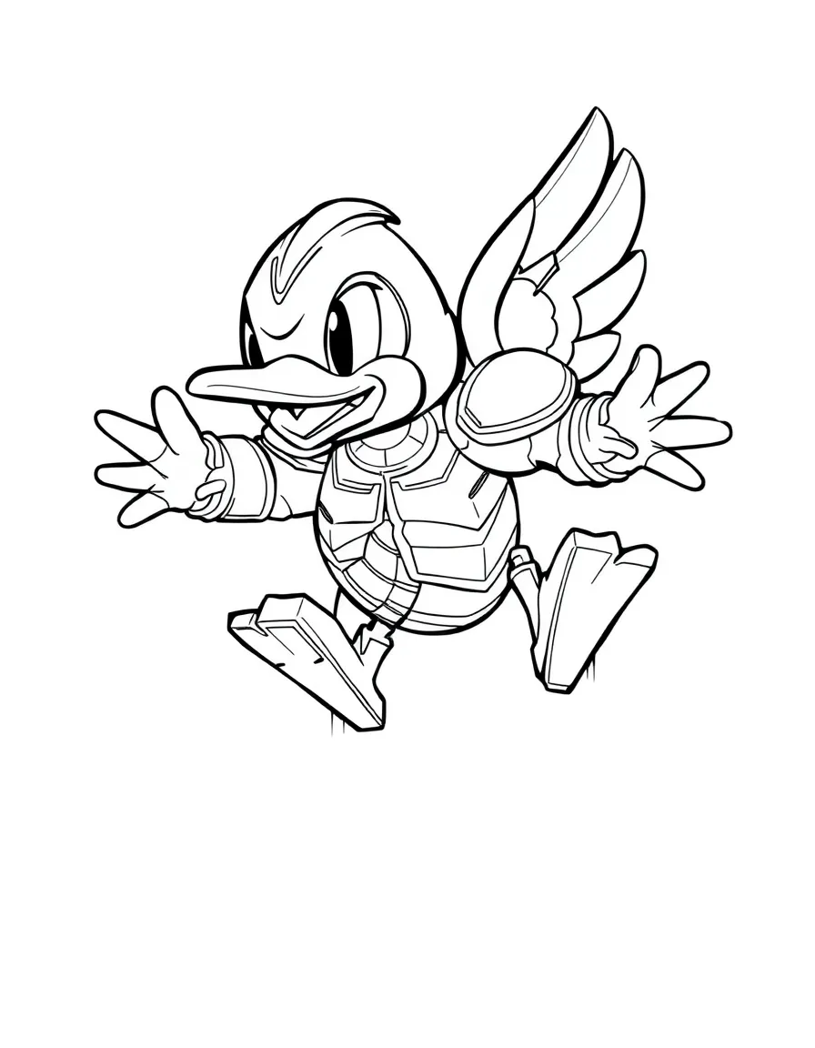 Gizmoduck looking shiny and armored, flying through the air.