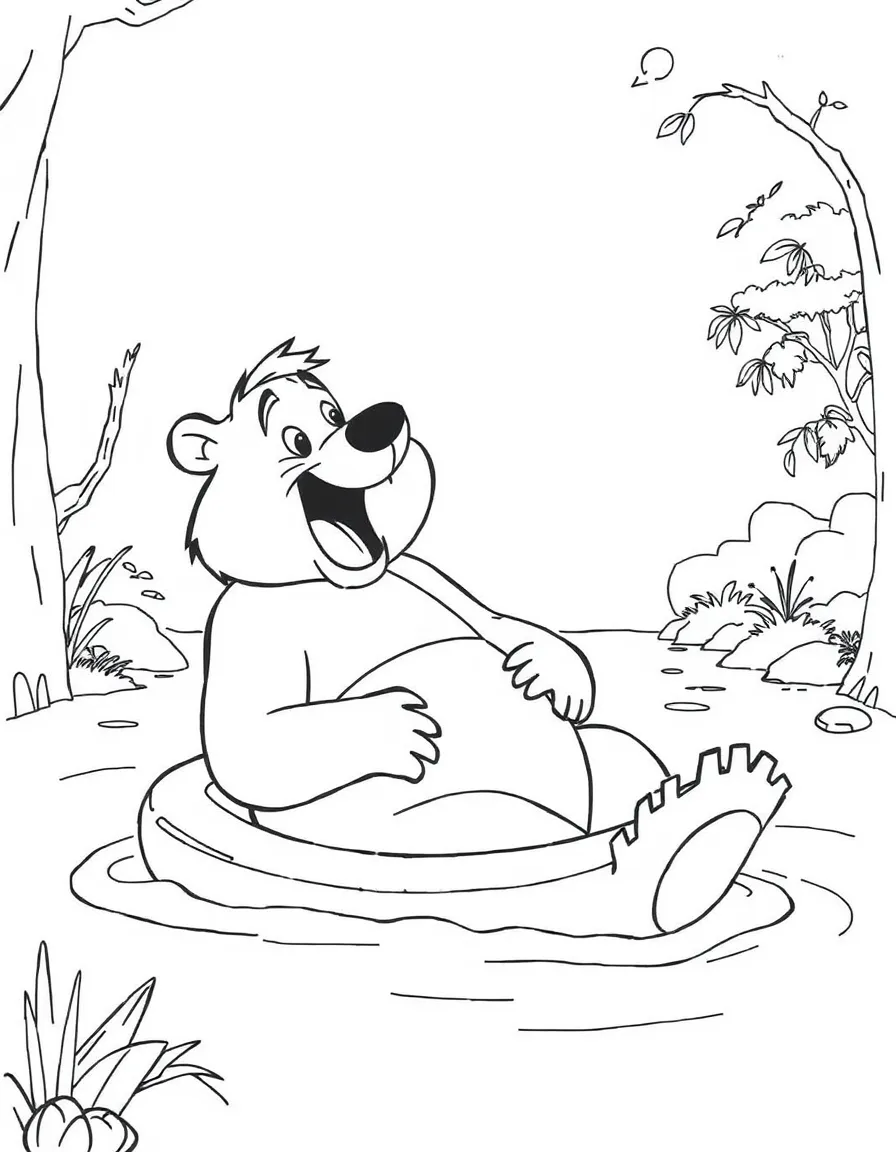 Baloo the bear singing "The Bare Necessities" and floating down a river.