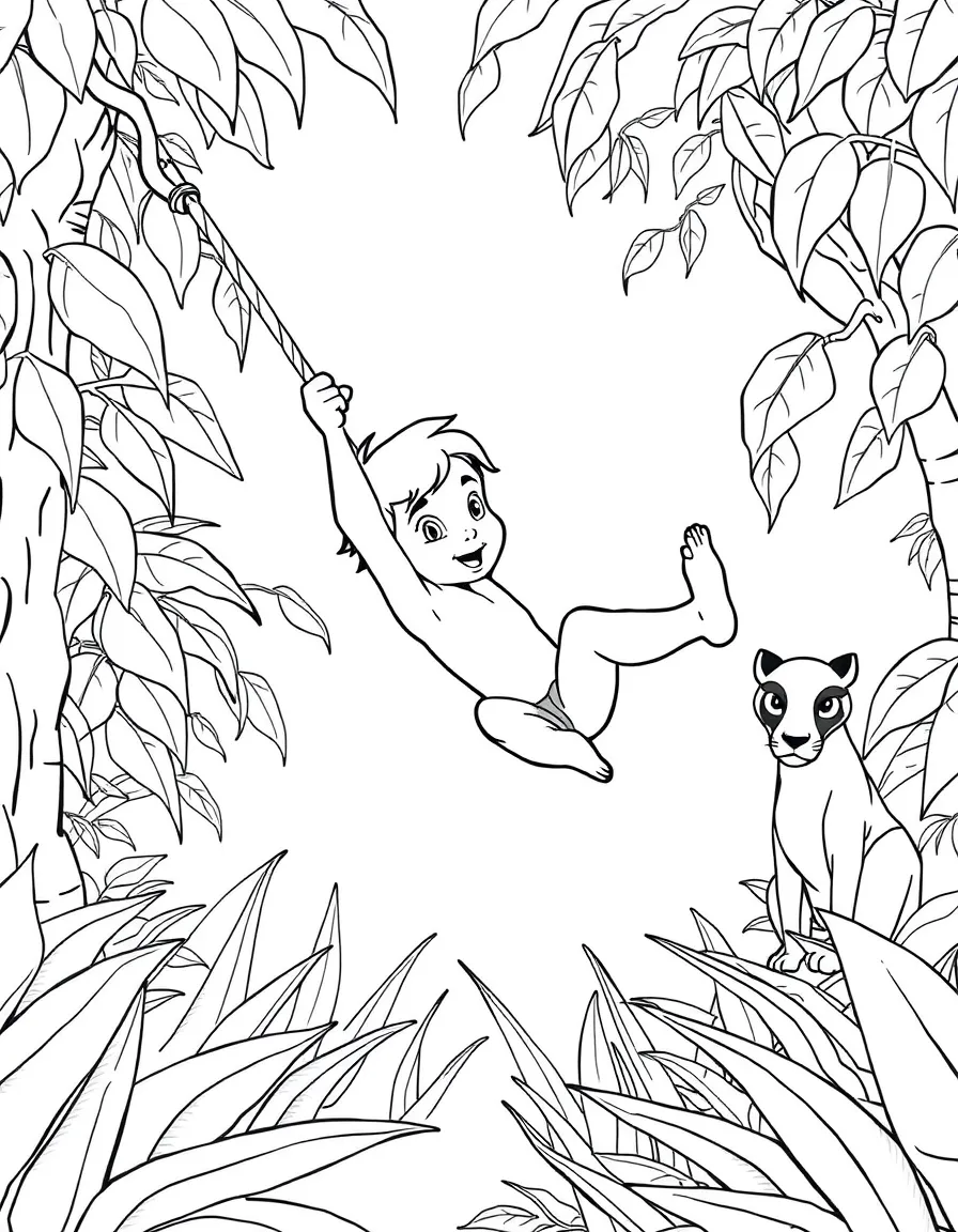 Mowgli swinging through the jungle, with Bagheera the panther watching.
