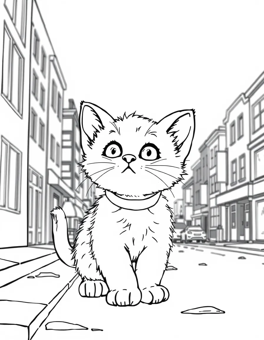 Oliver the kitten exploring the city, looking curious.