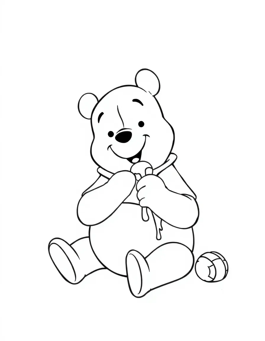 Winnie the Pooh eating honey, looking content.