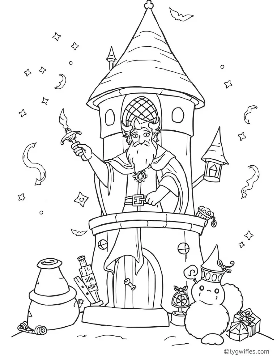 Merlin in his wizard tower, surrounded by magical objects.