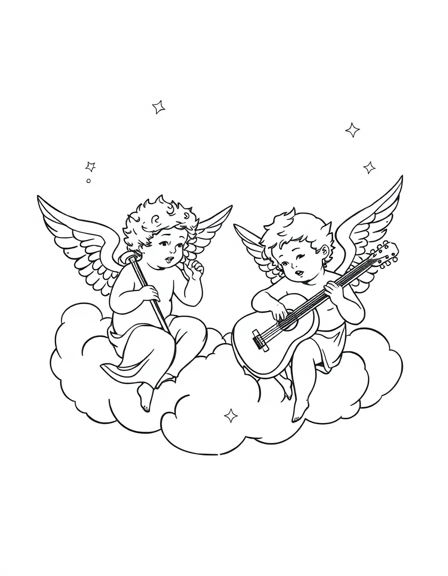 Cherubs playing musical instruments in the clouds.