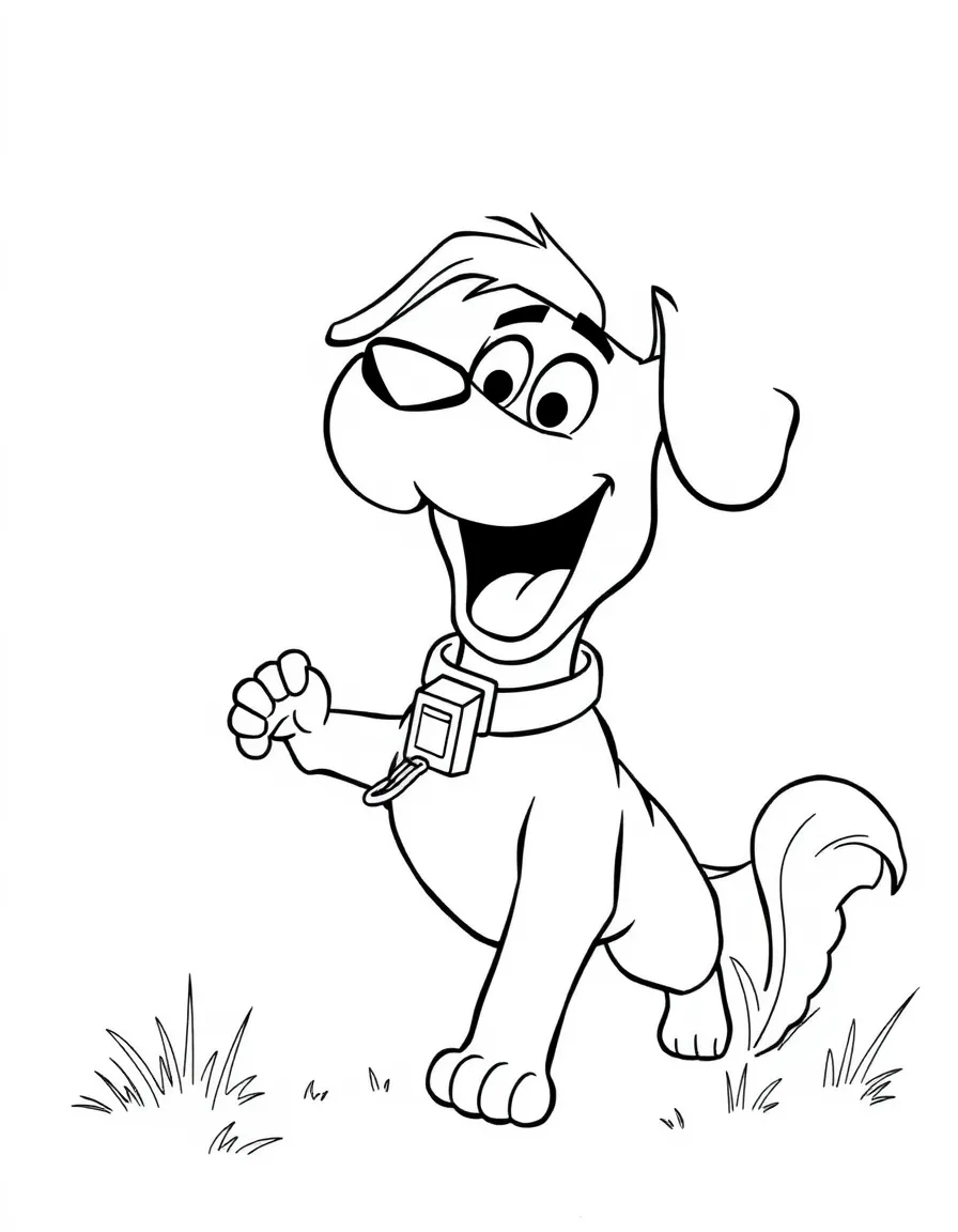 Doug from Up, excitedly chasing a squirrel, with his talking collar.
