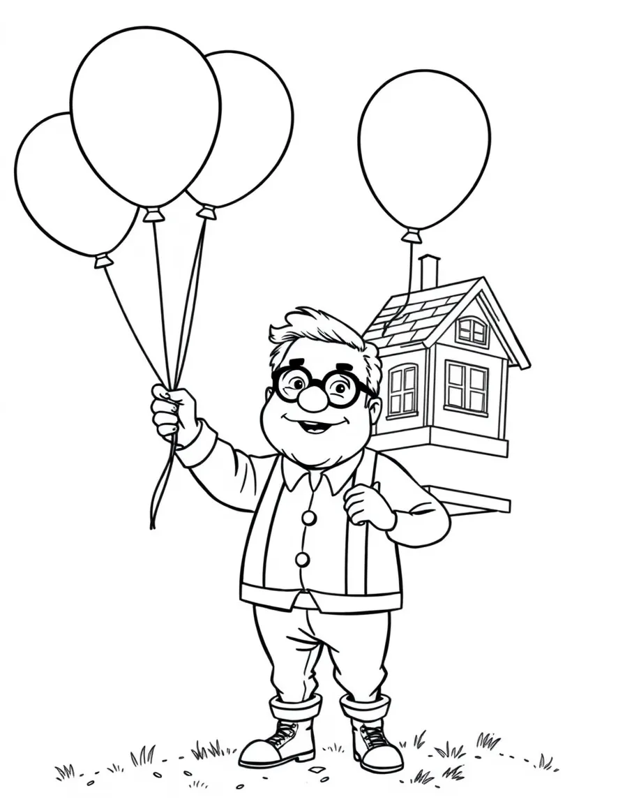 Carl Fredricksen holding balloons, with his house flying.