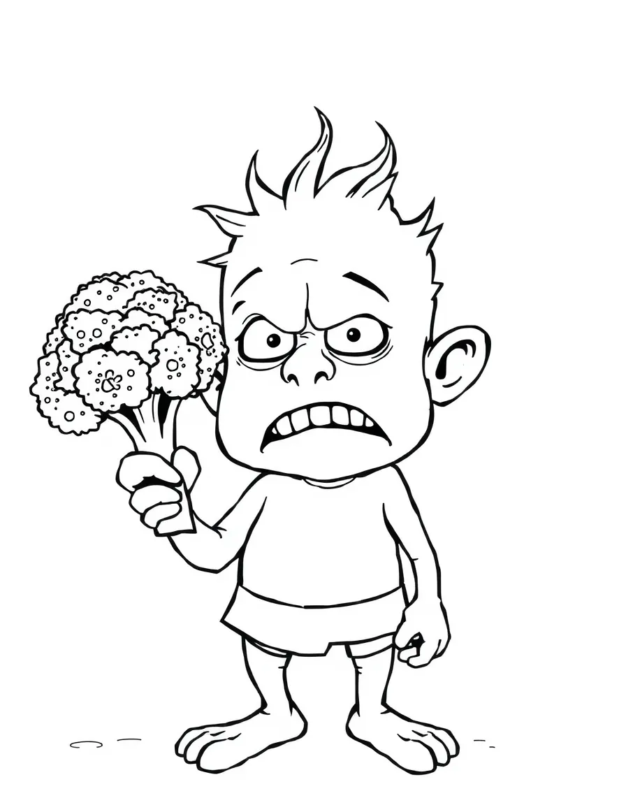 Disgust holding up a broccoli, looking grossed out.