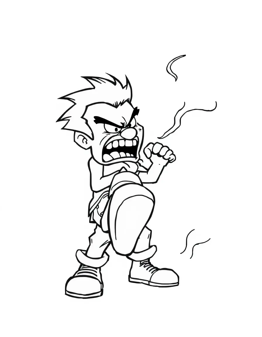 Anger stomping his foot, with steam coming out.