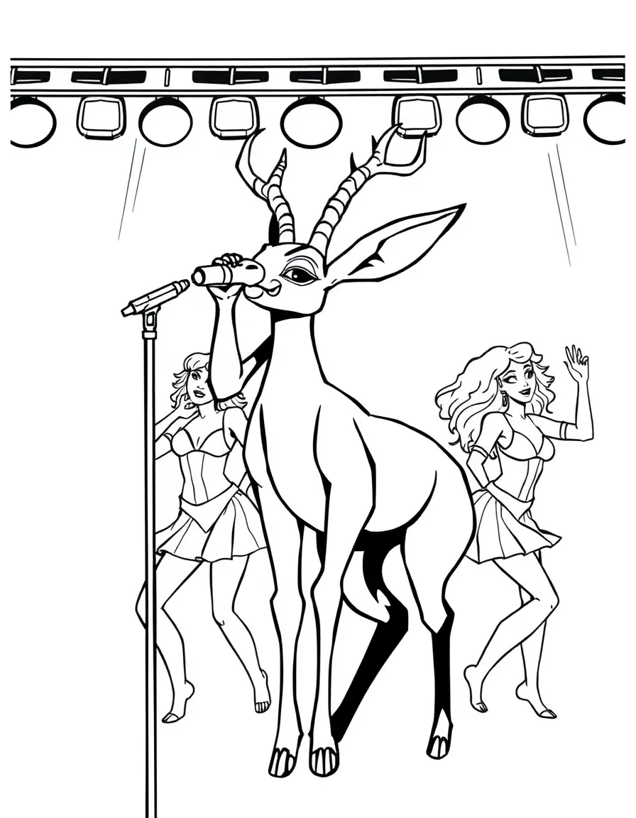 Gazelle singing on stage, with her backup dancers.