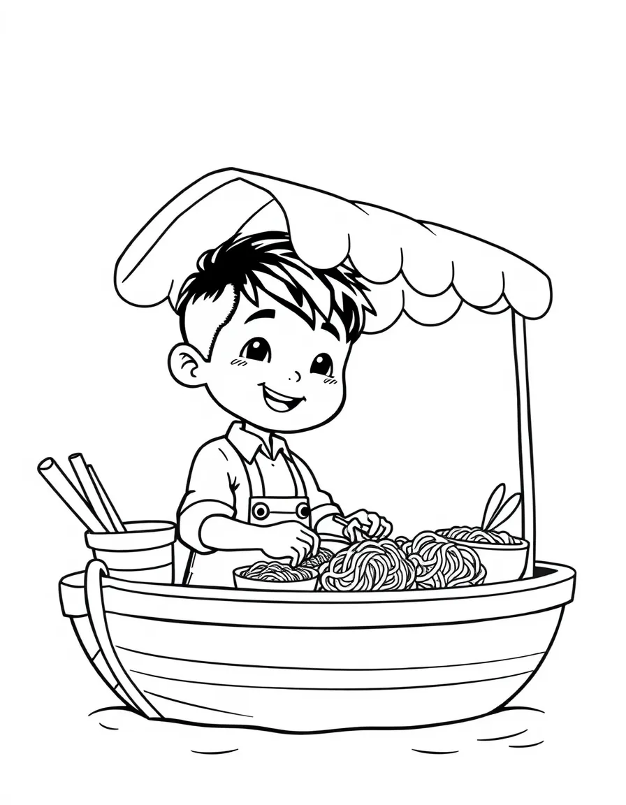 Boun the young entrepreneur in his boat noodle stand.