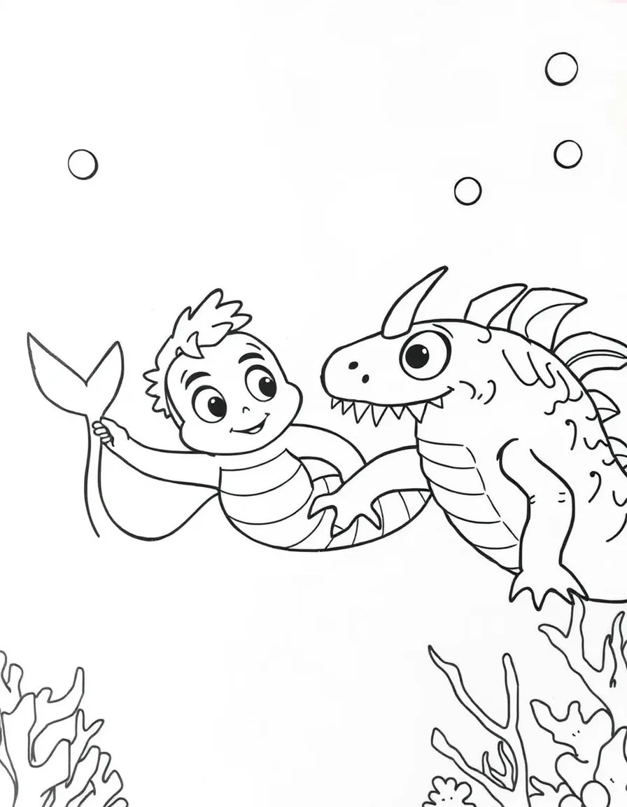 Luca and Alberto as sea monsters, swimming underwater.