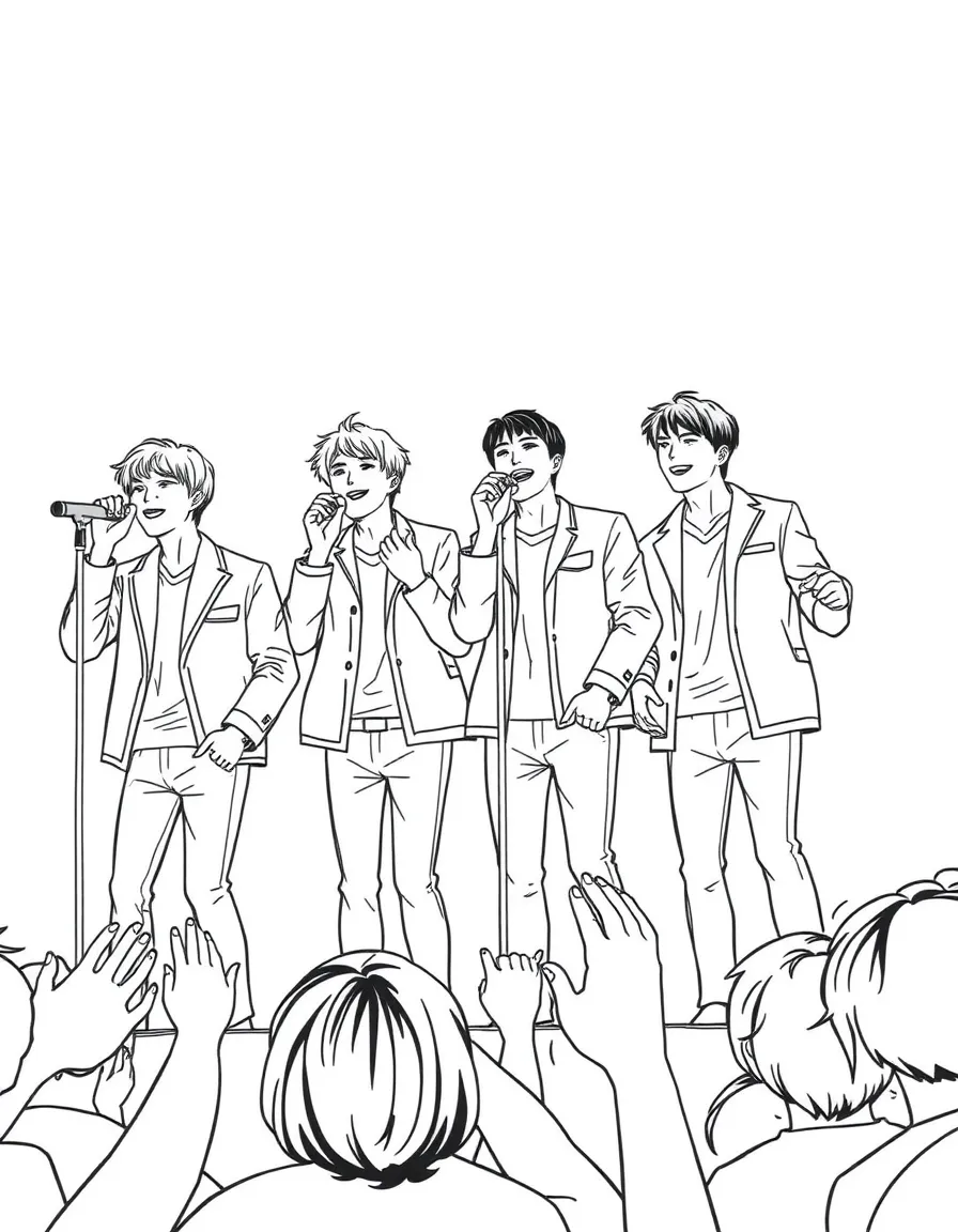 The 4*Town boy band singing on stage, with fans screaming.