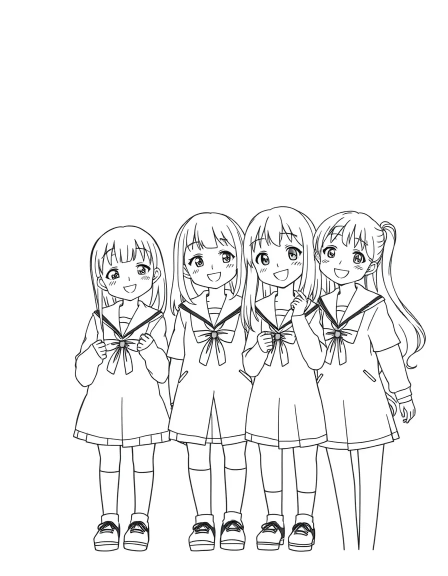 Mei and her friends in their school uniforms, looking happy.