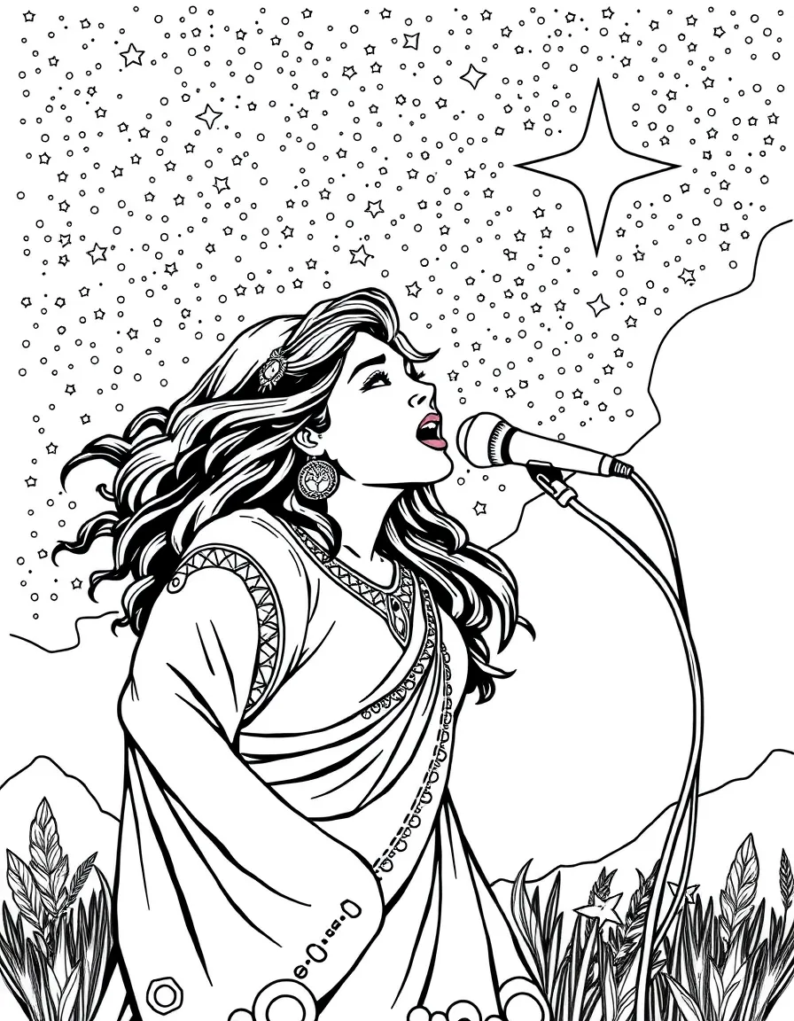 Asha singing a powerful song under the starry sky.