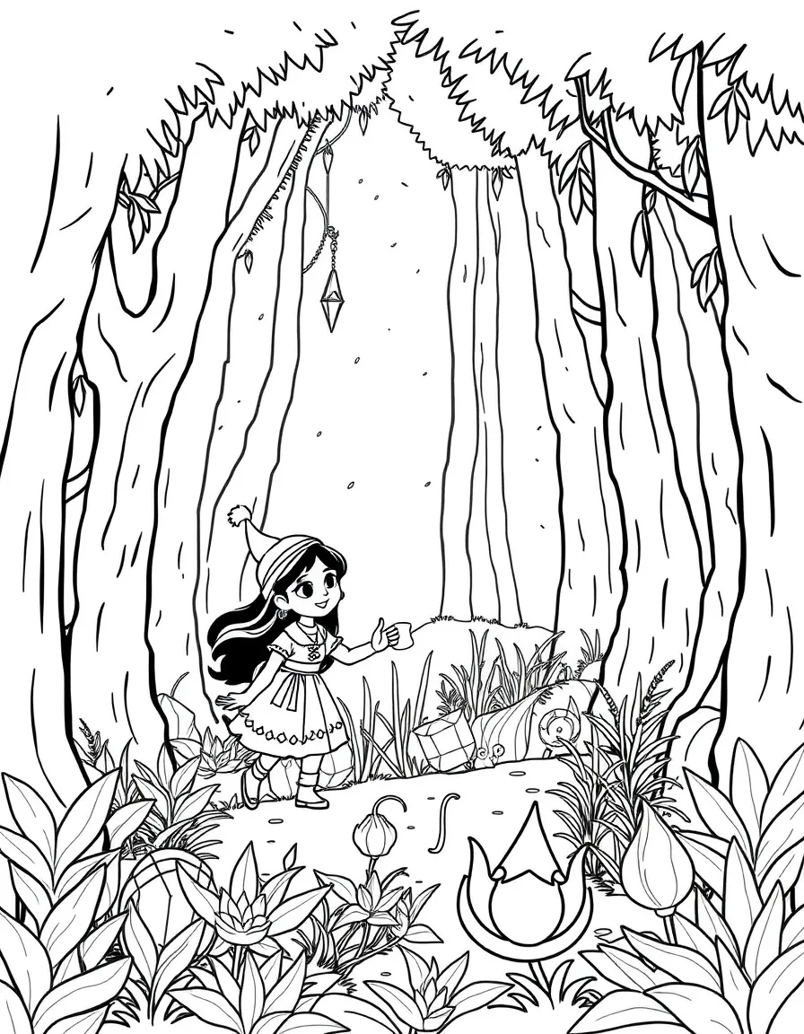 Asha and Star exploring the forest, with glowing plants.