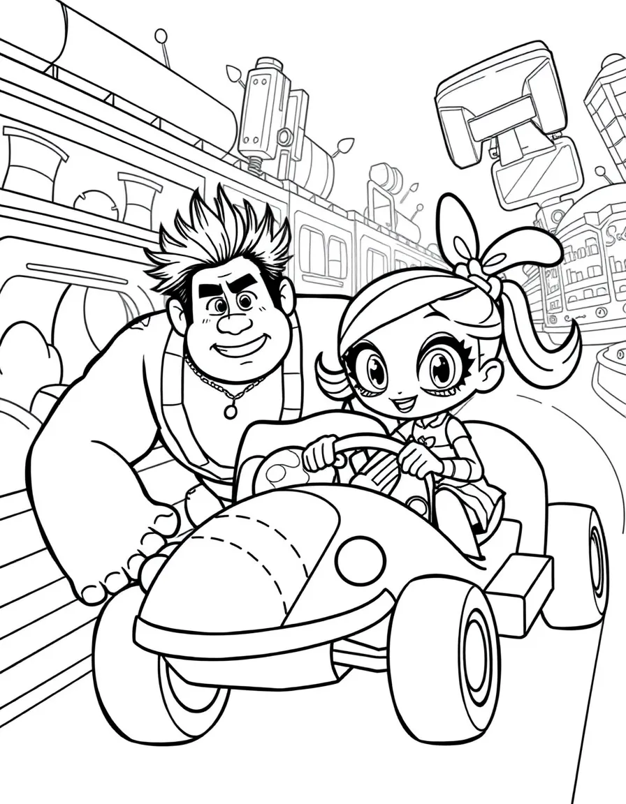 Ralph and Vanellope racing in Sugar Rush, with candy cars.
