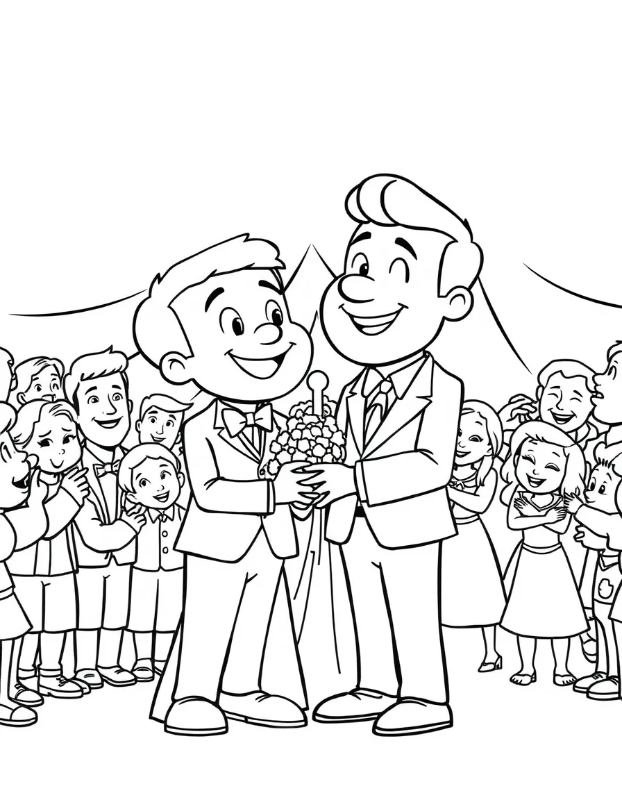 Felix and Calhoun getting married, with a cheerful crowd.