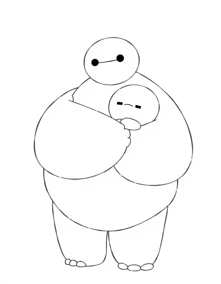 Big Hero 6, with Baymax hugging Hiro, looking squishy.