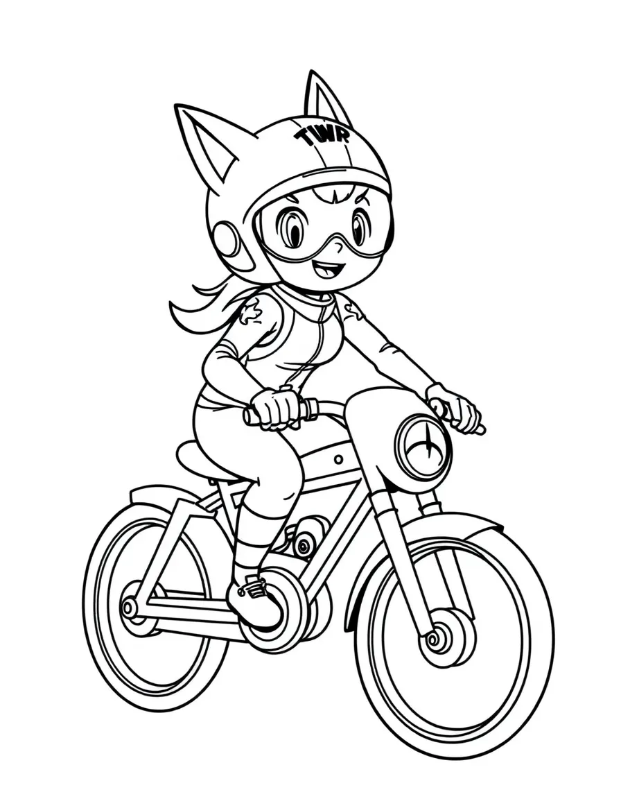 Go Go Tomago riding her super-speed bicycle.