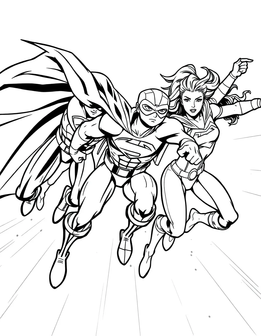 The team flying and fighting together in their superhero suits.
