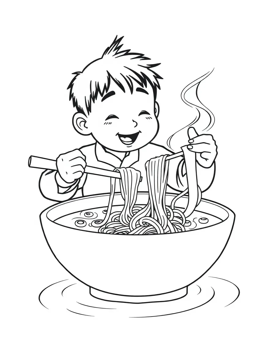 Boun stirring his boat noodle soup, with steam rising.