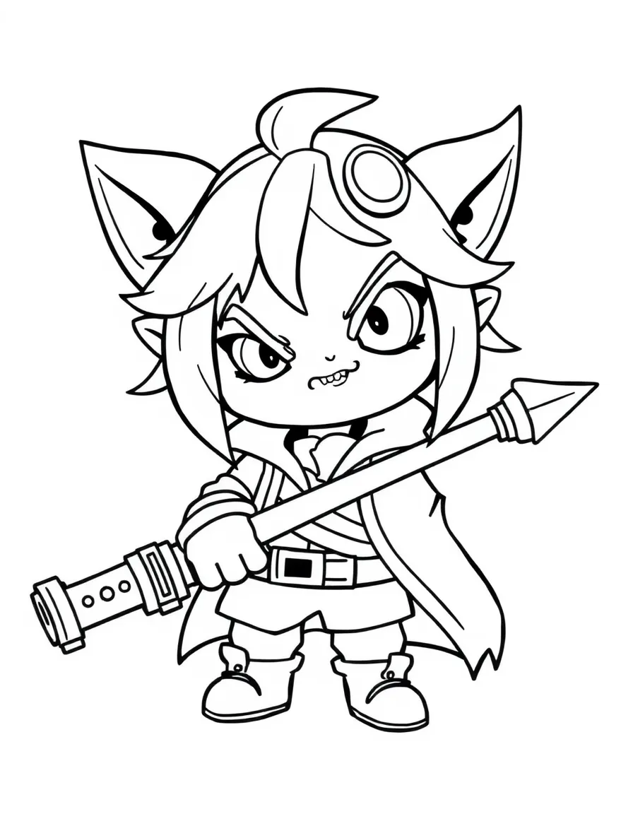 Little Noi looking cute and mischievous, holding a weapon.