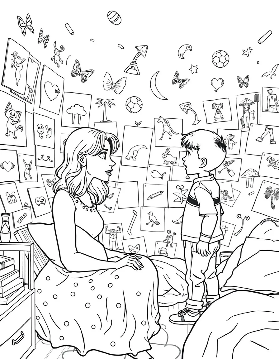 Giulia showing Luca her bedroom filled with drawings.